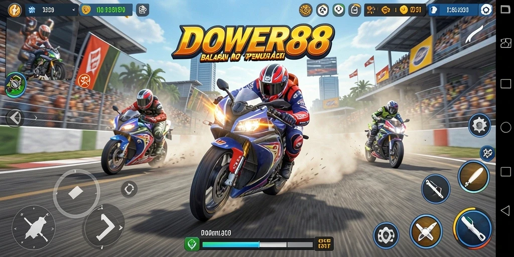 Tampilan gameplay DOWER88 menampilkan balapan motor yang mendebarkan dan menantang.