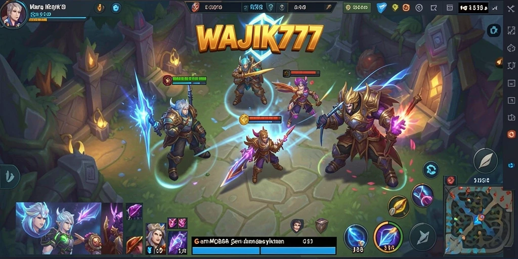 Tangkapan layar yang menampilkan aksi gameplay MOBA yang intens.
