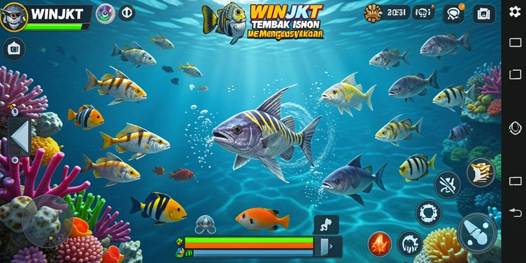 Tampilan gameplay seru dari WINJKT dengan aksi menembak ikan.